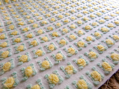 yellow rosebud vintage chenille fabric, lemon tufted rose sewing quilt material 18x24"