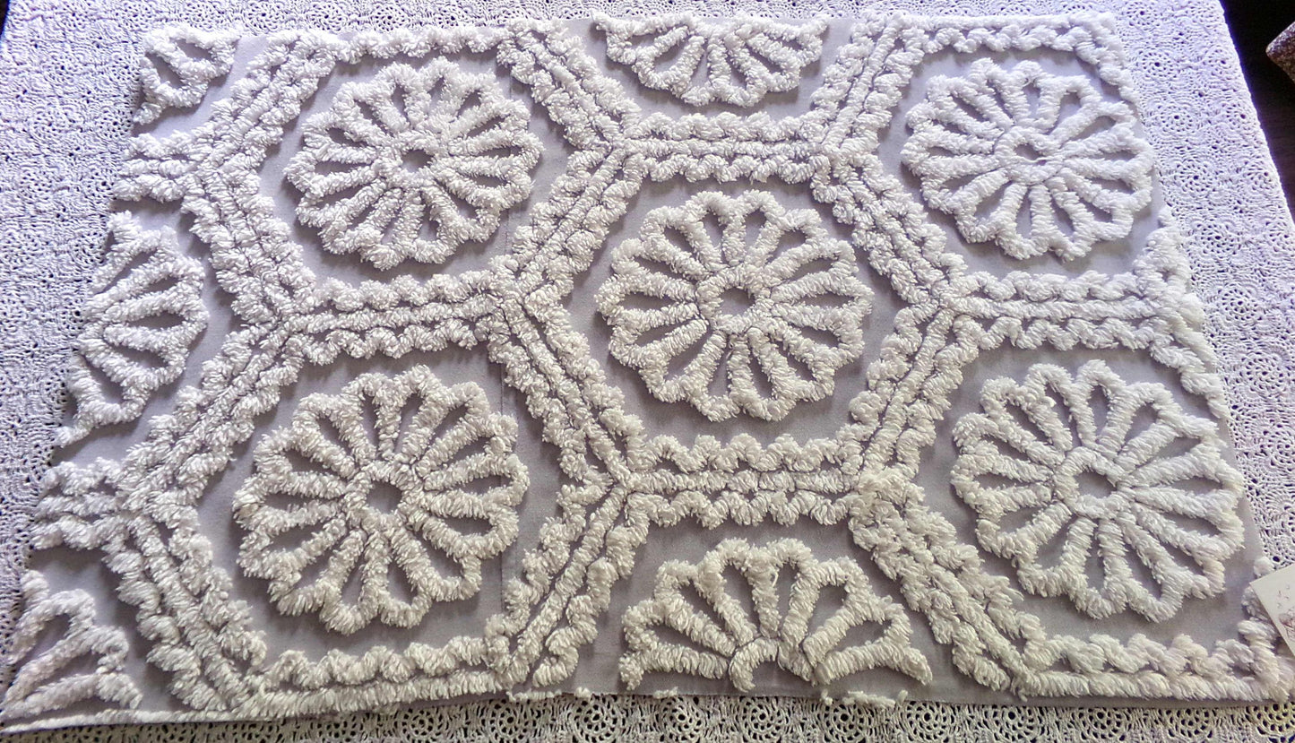 lavender mist cottage style chenille fabric, plush white ruffle daisies, 17" x 26" piece of vintage sewing material for quilting, fiber arts