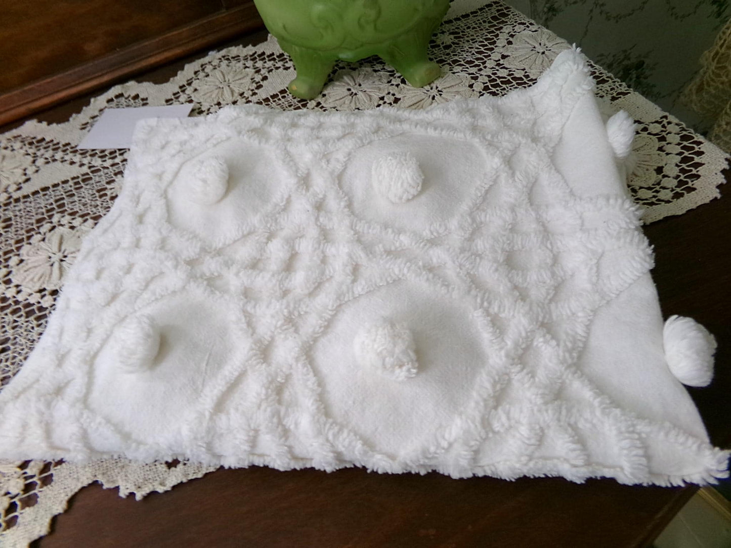 Vintage Chenille Bedspread Fabric, Plush Blue Flowers White Curlicues, 18x24" Piece