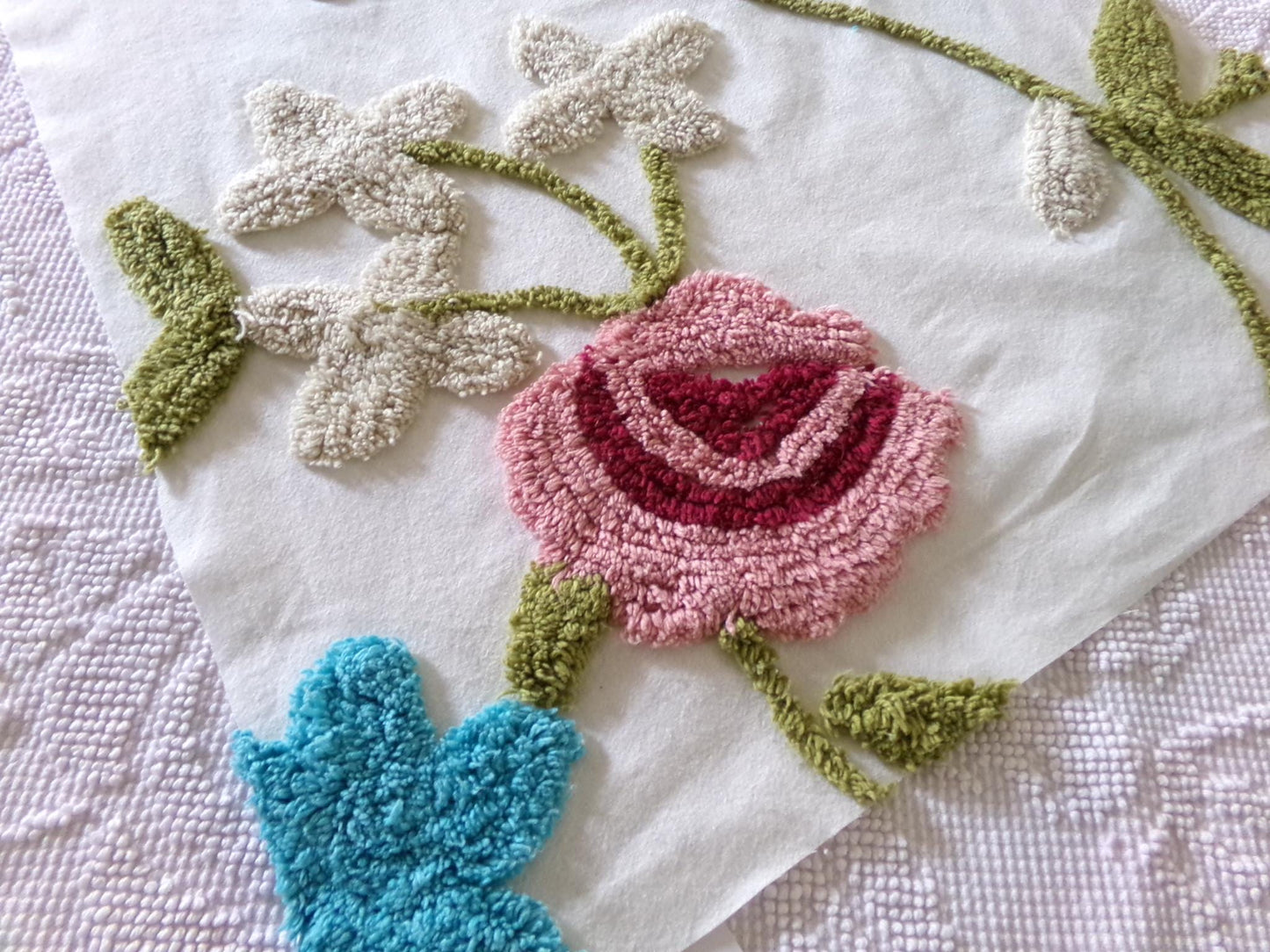 wild rose vintage chenille fabric, sewing material for floral appliques, quilts 15" x 26"