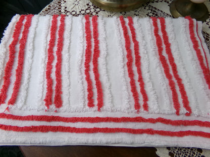 Red & White Striped Chenille Fabric, textured skinny lines craft quilt material, 17" x 27" piece