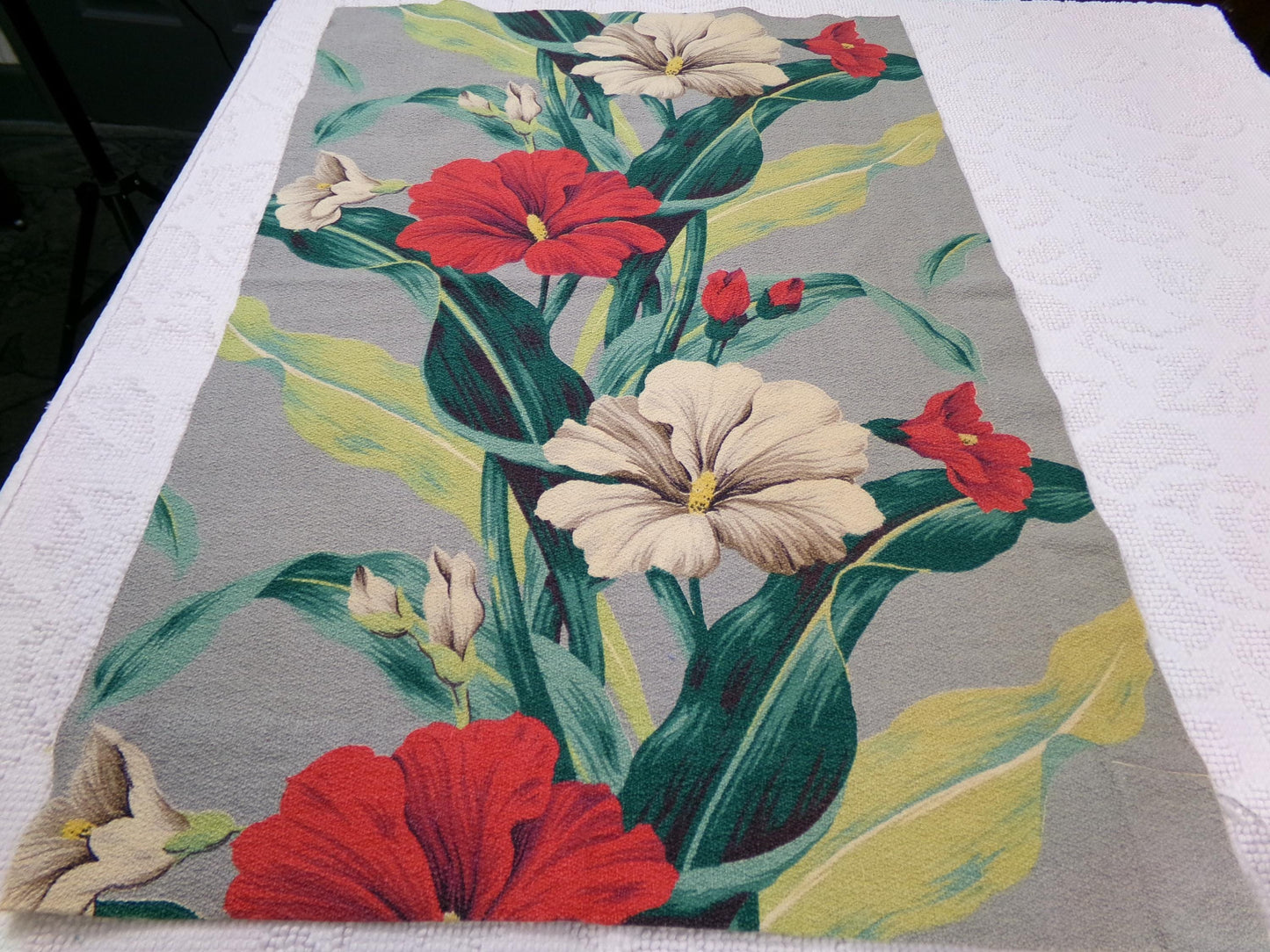 Hawaiian Barkcloth Vintage Fabric, Gray Tropical Red Hibiscus Floral Mid-Century 27" x 18"