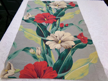 Hawaiian Barkcloth Vintage Fabric, Gray Tropical Red Hibiscus Floral Mid-Century 27" x 18"