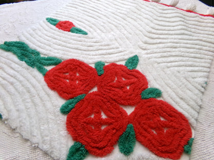 red cabbage rose vintage chenille fabric: 20" x 24" piece w/ white tufts & pom pom trim