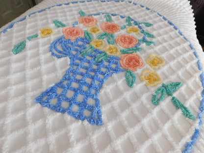 cottage style vintage chenille bedspread, spring flower basket on radiating white sunburst tufting, full size cotton bedding