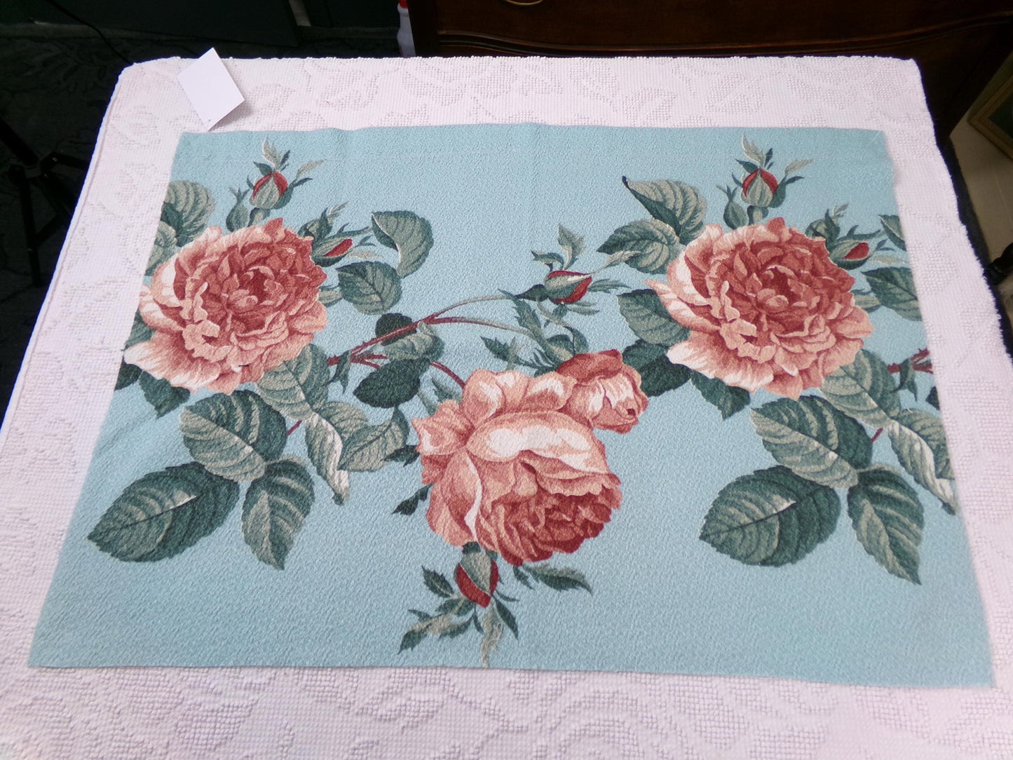 Vintage 1940s Barkcloth Fabric Aqua Blue Pink Roses Botanical Mid-Century Shabby, 18" x 26"