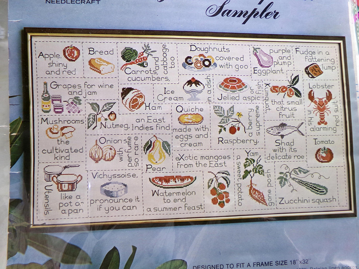 Fun Foodie GOURMET ALPHABET SAMPLER Embroidery Vintage Paragon 0653 Kitschy Kitchen Stitchery Kit