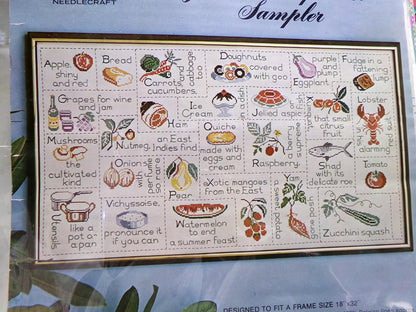 Fun Foodie GOURMET ALPHABET SAMPLER Embroidery Vintage Paragon 0653 Kitschy Kitchen Stitchery Kit