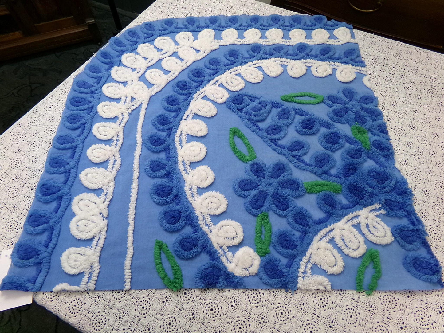Vintage Midnight Blue Chenille Bedspread Fabric Abstract Celestial Florals 24x25"