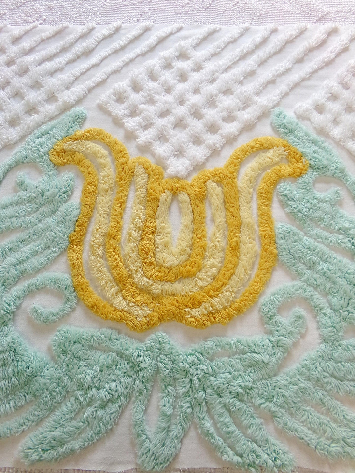 giant tulip vintage chenille fabric w/ purple star flowers on white cotton, 19" x 29" piece of sewing material