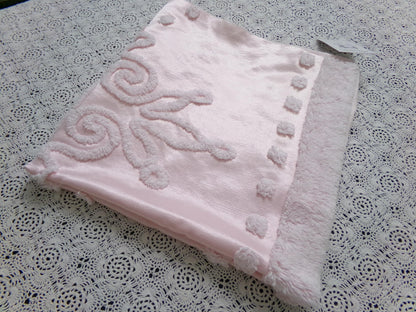 Pink Satin Vintage Fabric, Shabby Tufted Chenille 24x23" Sewing Craft Textile