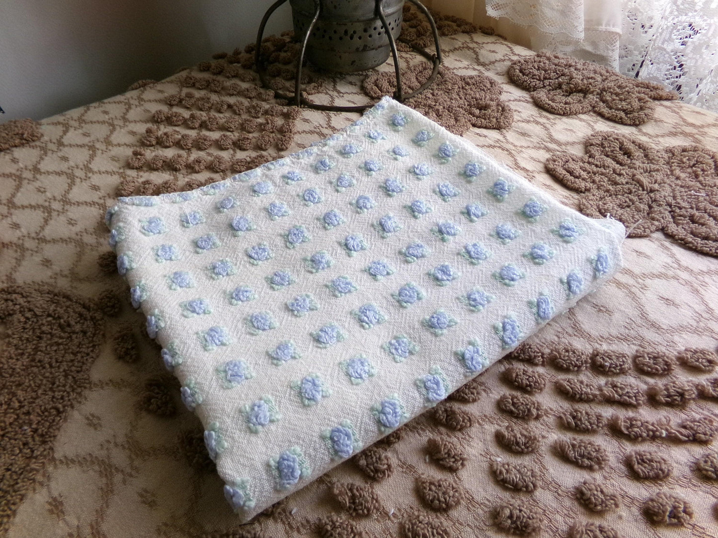 Tiny Blue Rosebuds Vintage Chenille Quilt Fabric, 18" x 21" inch Piece Lightweight Mini Roses