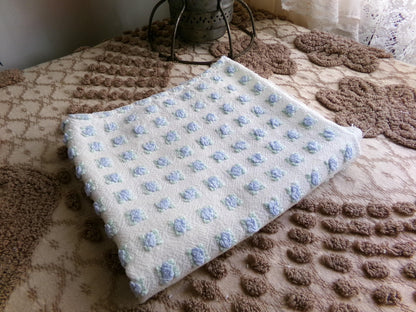 Tiny Blue Rosebuds Vintage Chenille Quilt Fabric, 18" x 21" inch Piece Lightweight Mini Roses