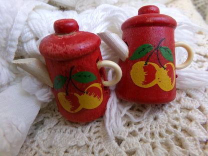 vintage curtain pinbacks pushpins, MCM 1940s wood coffee pot with cherries