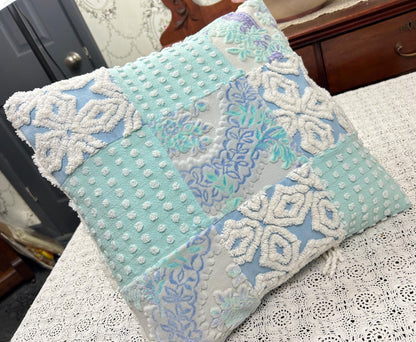 Vintage Velvet & Chenille Pillow Cover, 16" Square Reversible Coastal Patchwork Design
