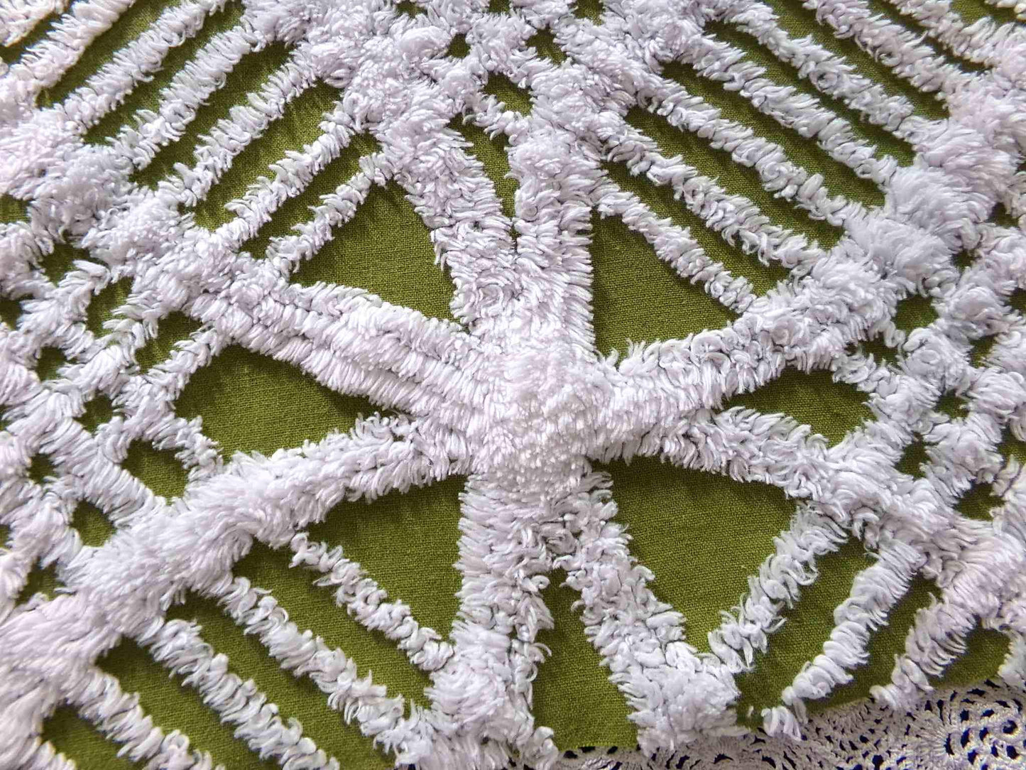 Boho Olive Army Green Vintage Chenille Fabric, 22" x 20" inch Piece, Retro 1970s Hippie Vibes