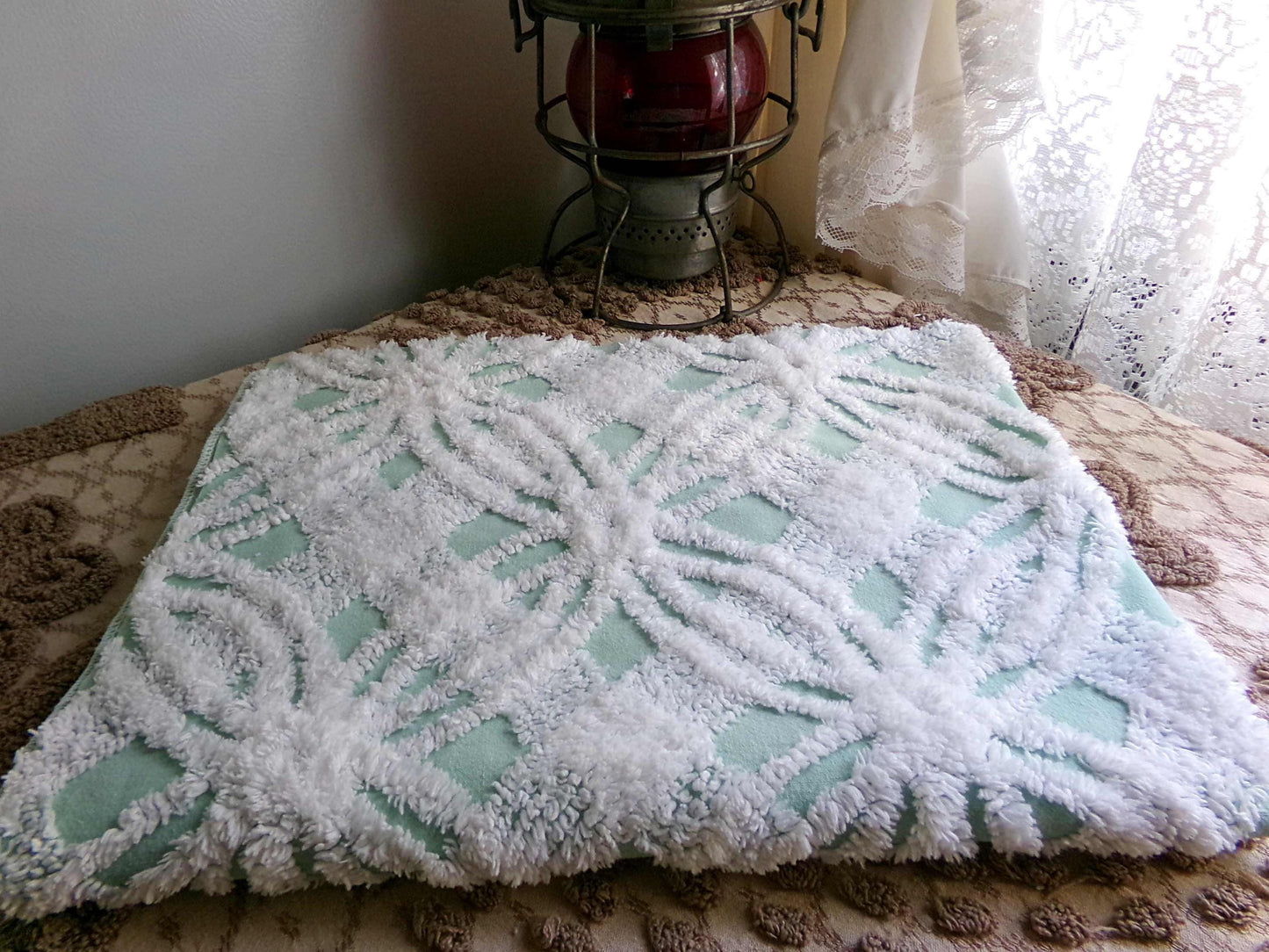 mint green vintage chenille fabric, plush white spider tufting, 19" x 26" piece of quilt material for arts & crafts