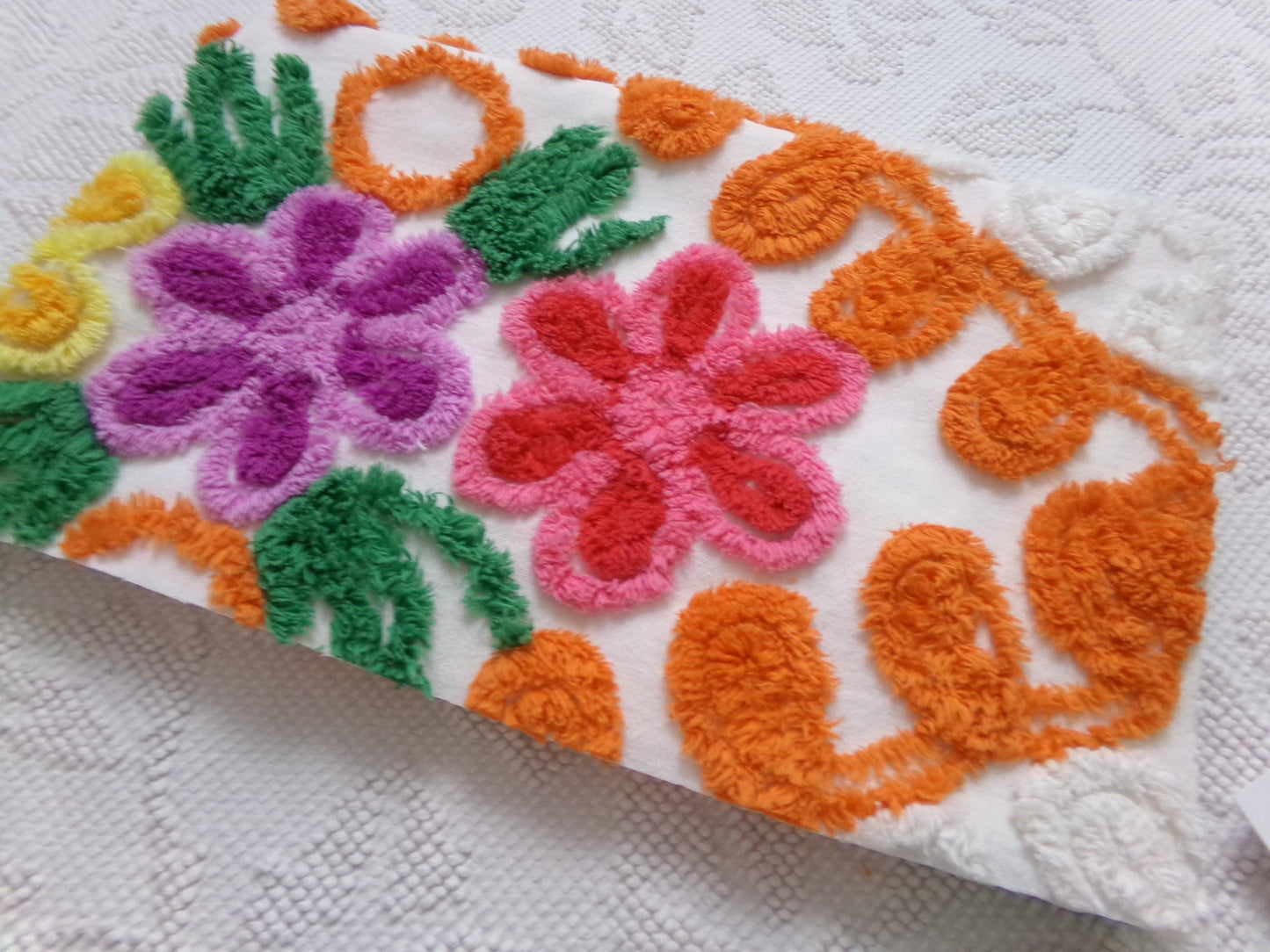 citrus floral vintage chenille bedspread fabric, orange & white quilt material, 16" x 25"