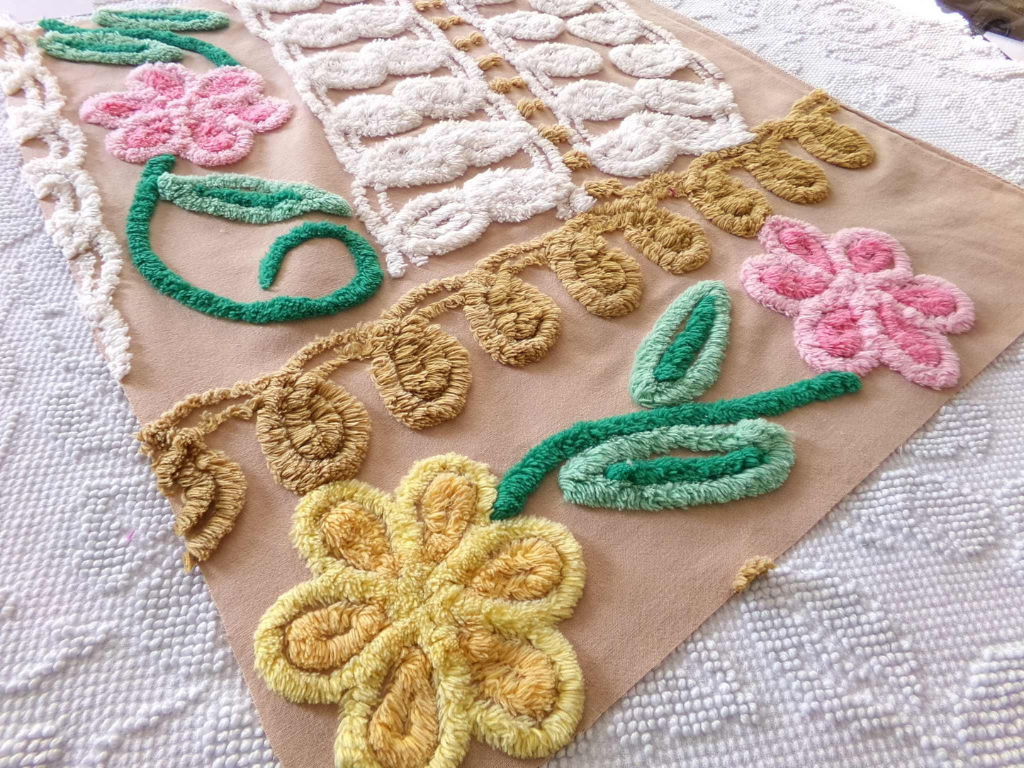 Caramel Honey Vintage Chenille Fabric, 16.5" x 19.5" inch Piece, Boho Floral Material for Pillows, Wall Hangings, Crafts