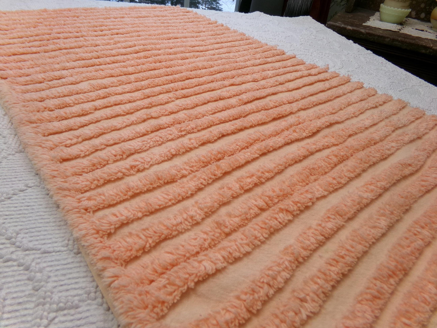 Peach Vintage Chenille Bedspread Fabric, Plush Tufted Lines, 16" x 28" piece