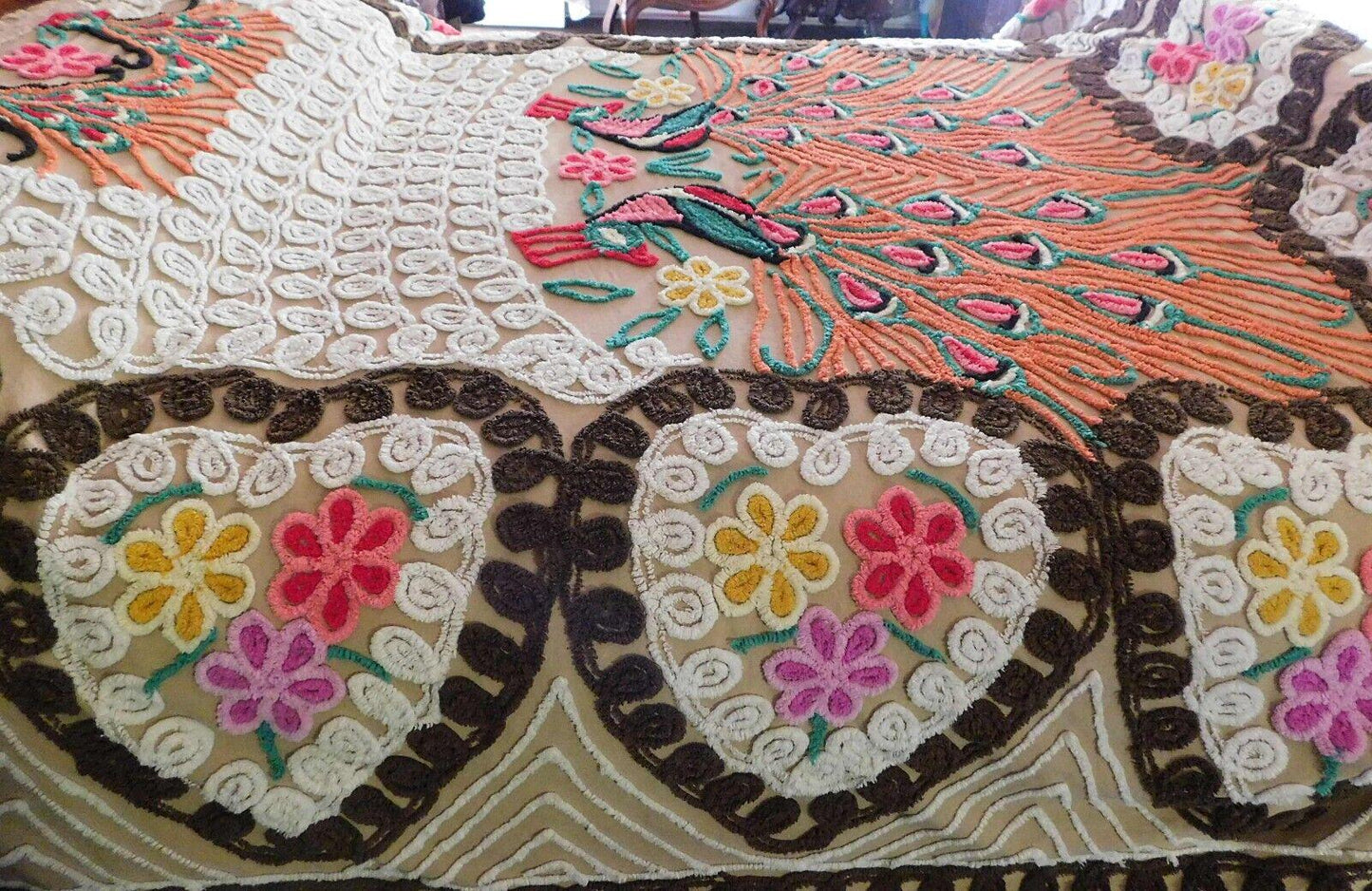 Boho Vintage Peacock Chenille Bedspread, "Opposites Attract" Lovebirds, FULL Sz