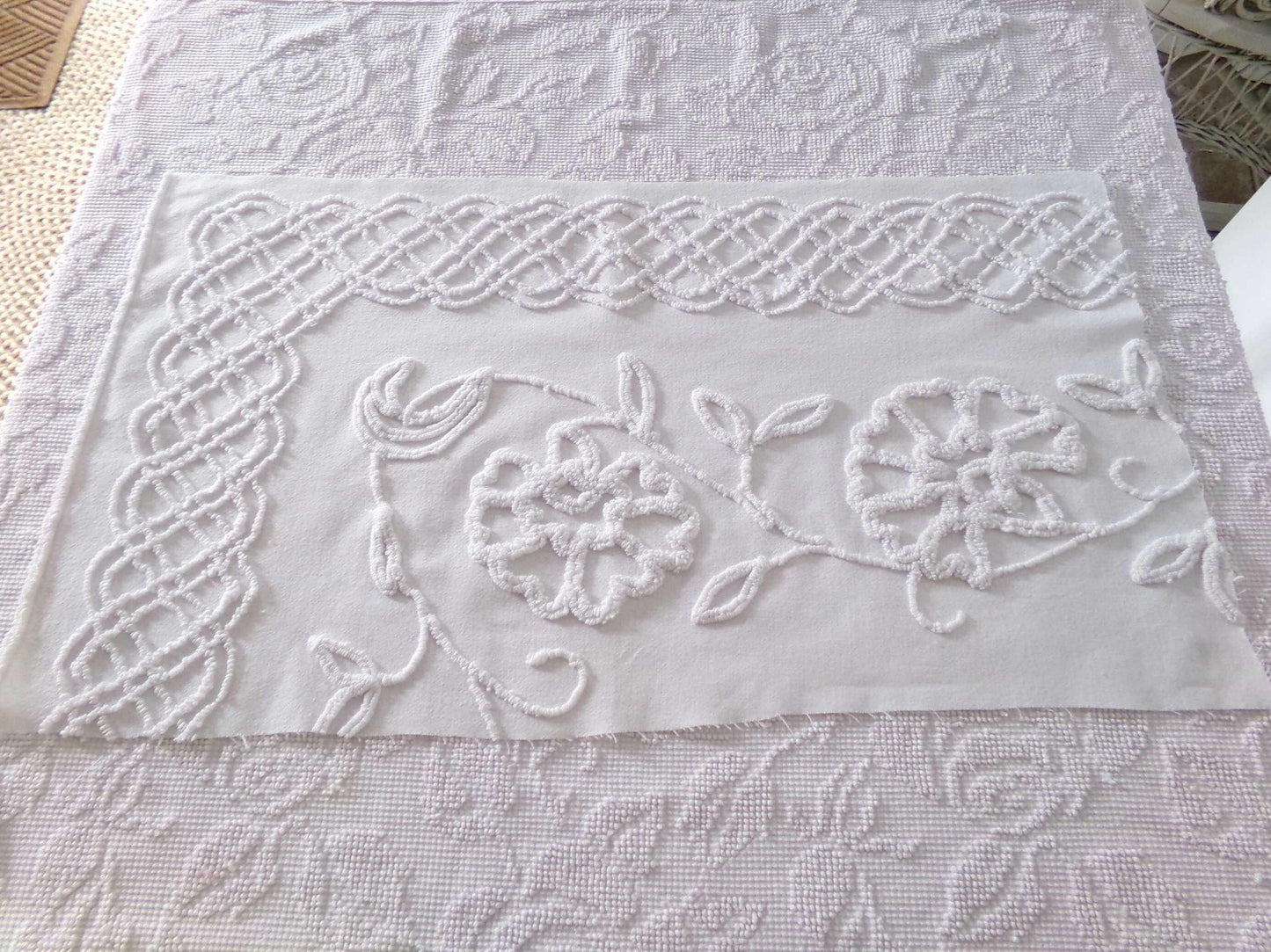 sophisticated white floral vintage chenille fabric, cotton sewing material, 15" x 27" inch piece for crafts & quilting