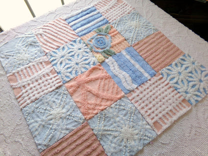 frost & fizz vintage chenille fabric squares, set of 16 blue, peach, white 6" quilt blocks for arts, crafts sewing