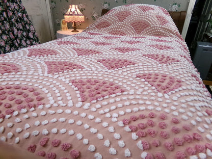 pink mermaid tails vintage chenille bedspread, antique twin size coverlet summer bedding