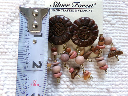 Boho Vintage Silver Forest Wood Dangle Earrings, Pierced Post Back