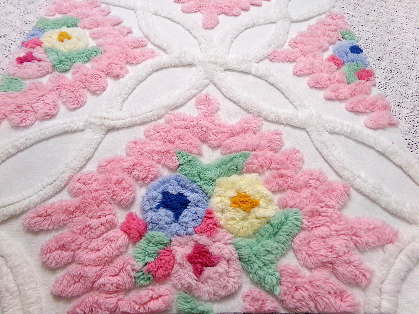 Vintage Chenille Fabric Piece, Pink Frosting Floral Cottage Chic Sewing Material 18x30"