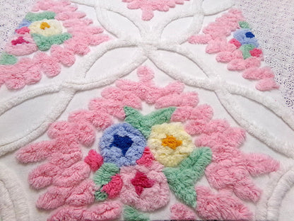 Vintage Chenille Fabric Piece, Pink Frosting Floral Cottage Chic Sewing Material 18x30"