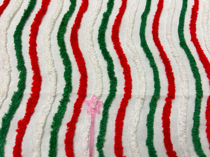 Vintage Christmas Chenille Fabric, Red, Green & White Ripple Stripe 16x27"