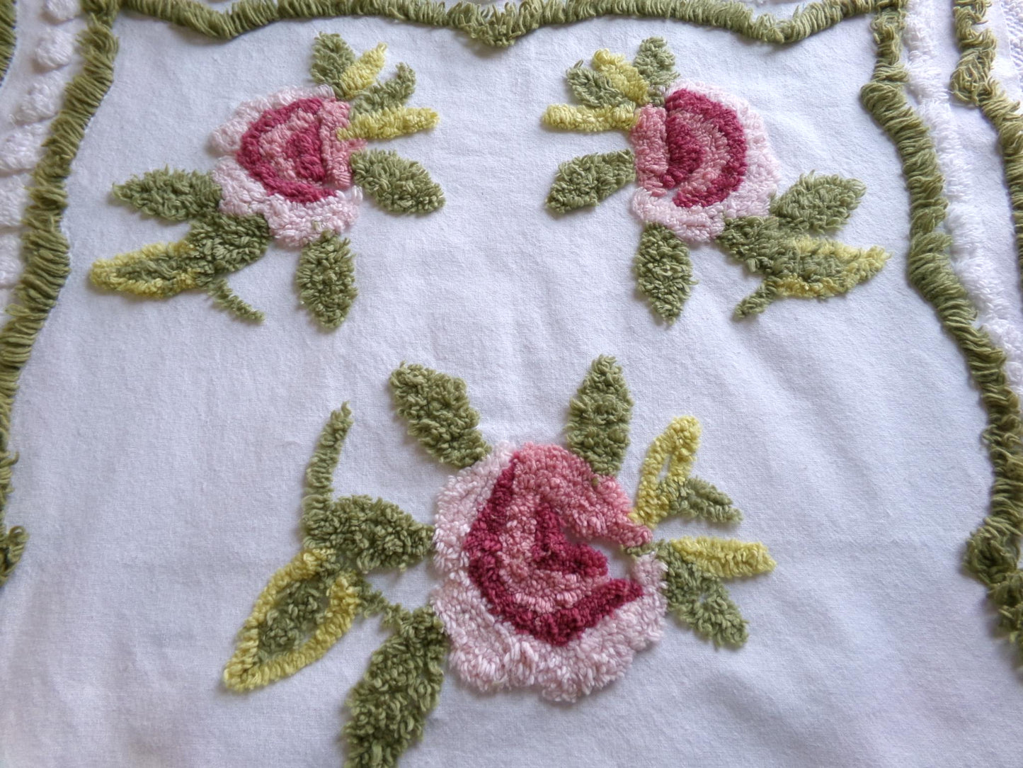 vintage rose chenille fabric, 19" x 25" inch piece of cotton sewing material, great for pillows & crafts