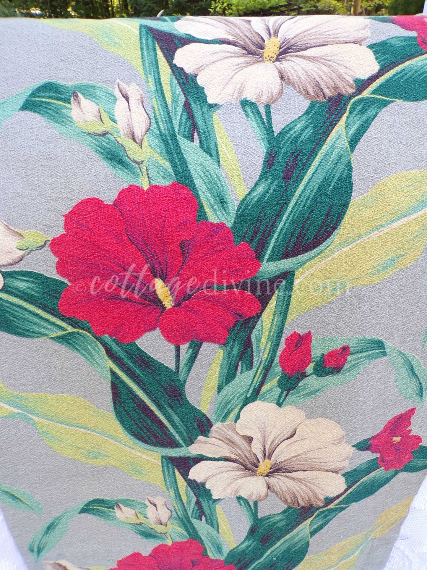 Vintage Botanical Barkcloth Fabric Piece, Salvaged MCM Tropical Hibiscus Print, 18" x 28" for upcycle, sewing, crafts
