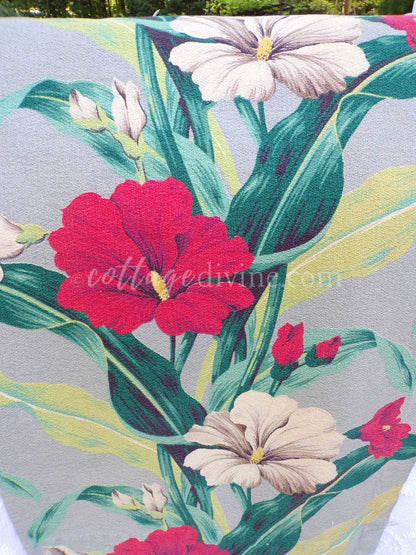 Vintage Botanical Barkcloth Fabric Piece, Salvaged MCM Tropical Hibiscus Print, 18" x 28" for upcycle, sewing, crafts