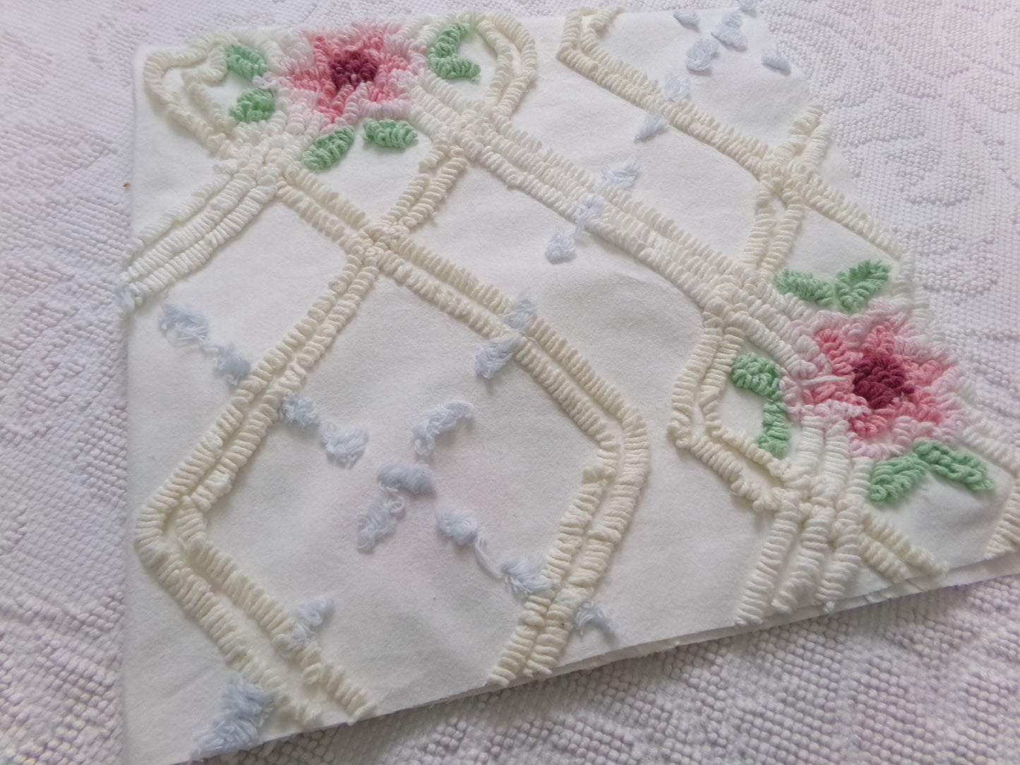 romantic cottage vintage chenille fabric, shabby floral sewing material, 20" x 26" piece