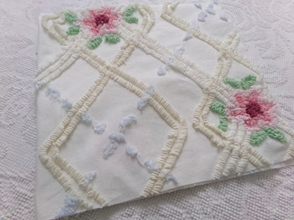 romantic cottage vintage chenille fabric, shabby floral sewing material, 20" x 26" piece