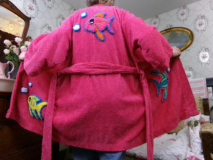 Canyon Group Vintage Chenille Robe, Pink Tropical Fish Short Beach Coverup Bathrobe Kimono Sleeves, M/L