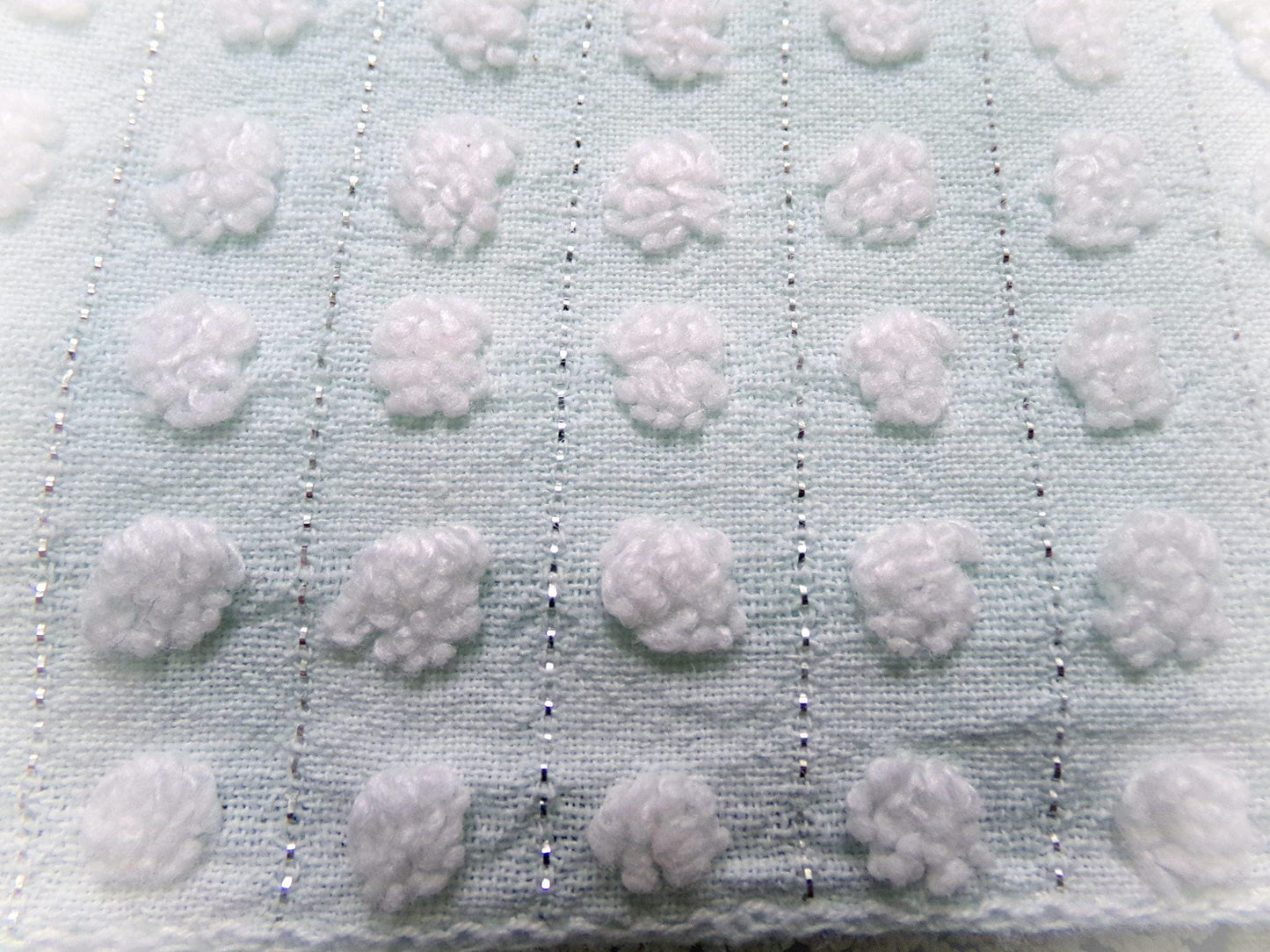 vintage chenille bedspread fabric cool aqua white pops silver lurex 18x24"