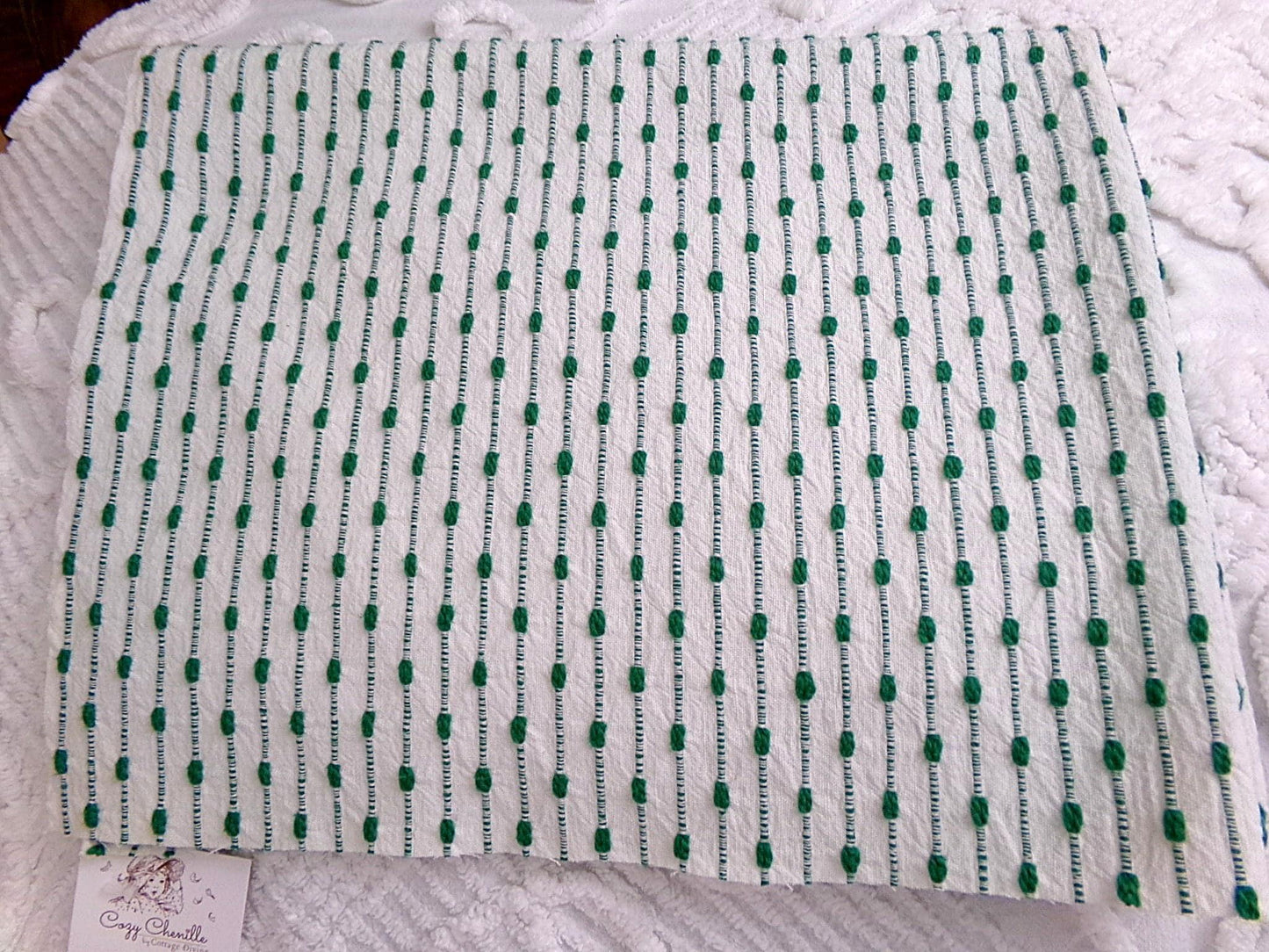 vtg preppy fabric chenille raindrop dots green & white 20x25" piece