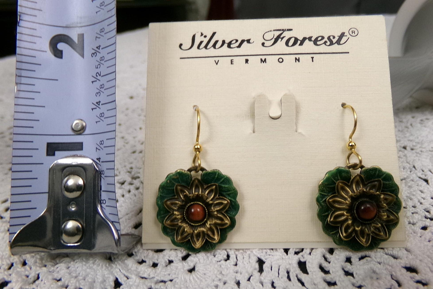 Bold Boho Dangle Earrings Handcrafted Vintage Silver Forest Layered Green Lotus, Center Bead