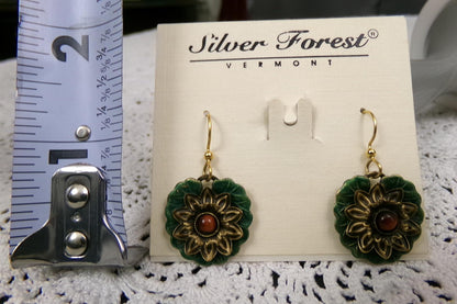 Bold Boho Dangle Earrings Handcrafted Vintage Silver Forest Layered Green Lotus, Center Bead