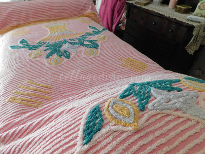 Vintage Chenille Bedspread, Giant Flower Basket on Pink, Full Size, 100% Cotton, Shabby Cottage Bedding