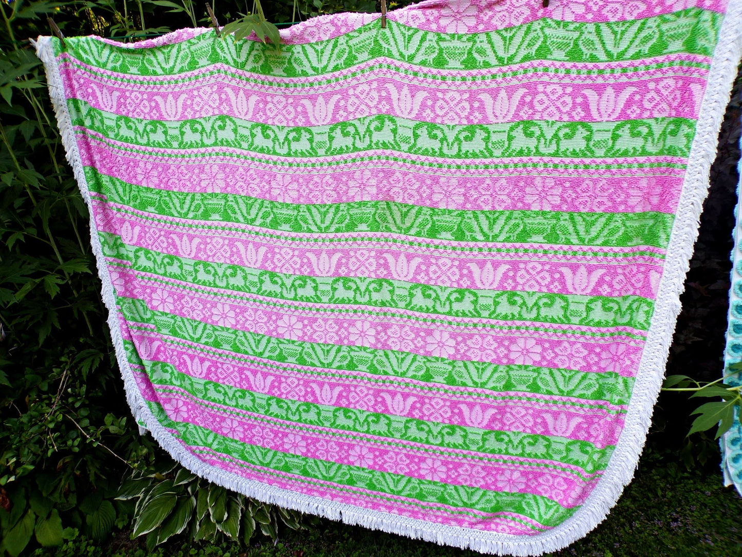 Boho Vintage Bedspread, Woven Chenille Folk Art Pink & Green Hobnail w/ Fringe, Twin Sz