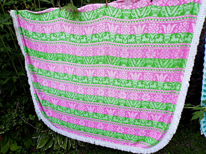 Boho Vintage Bedspread, Woven Chenille Folk Art Pink & Green Hobnail w/ Fringe, Twin Sz