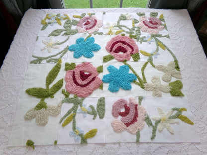 flower festival chenille fabric squares, set of 16 vintage floral 6" craft blocks, cottage designs for quilt inlays, pillows, fiber arts