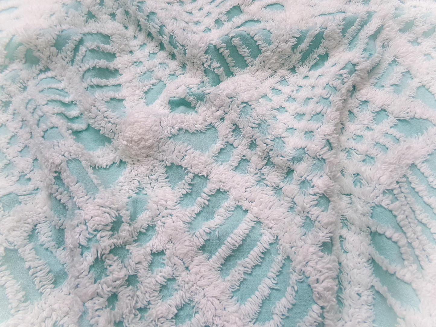 Aqua White Vintage Chenille Fabric 20x24" Geometric Quilt Material