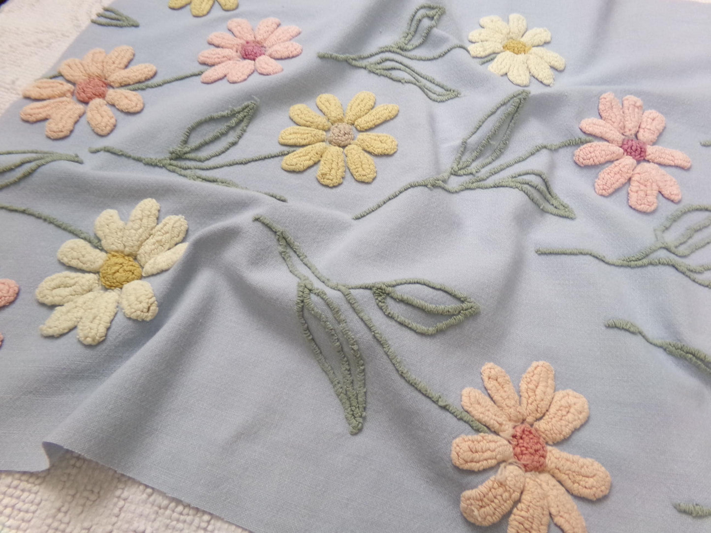 Scattered Daisies Vintage Chenille Bedspread Fabric, Shabby Blue Sewing Material, 19" x 25"