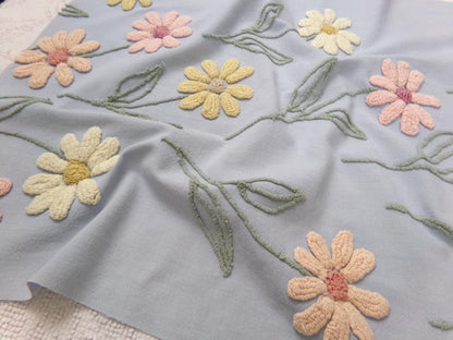 Scattered Daisies Vintage Chenille Bedspread Fabric, Shabby Blue Sewing Material, 19" x 25"