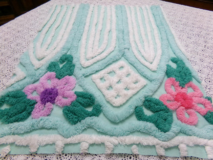 Breezy Fresh Aqua Vintage Chenille Fabric Cathedral Stripe Floral 16x20" Shabby Chic